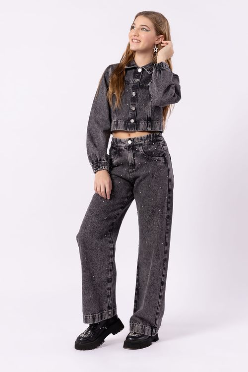 Calça Teen Wide Leg Black Jeans 100% Algodão com Detalhe Strass