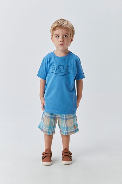 Conjunto Infantil Camiseta de Malha 100% Algodão com Estampa de conchas e Bermuda de Sarja Xadrez Fi