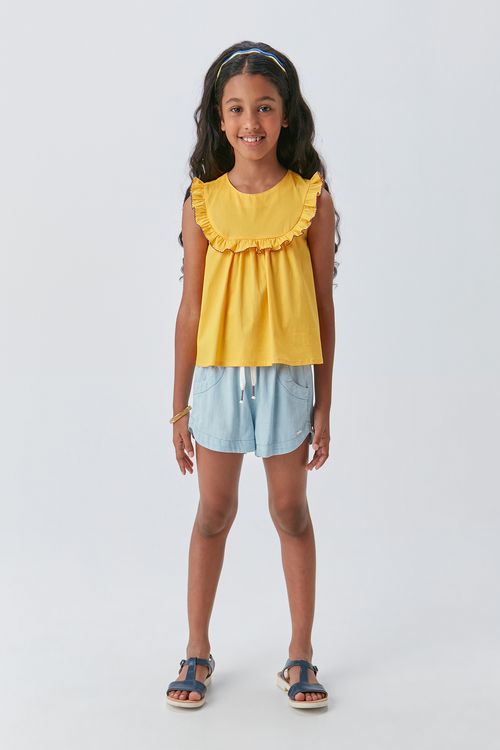 Short Básico Infantil Jeans com Cadarço e Ponteira para Menina