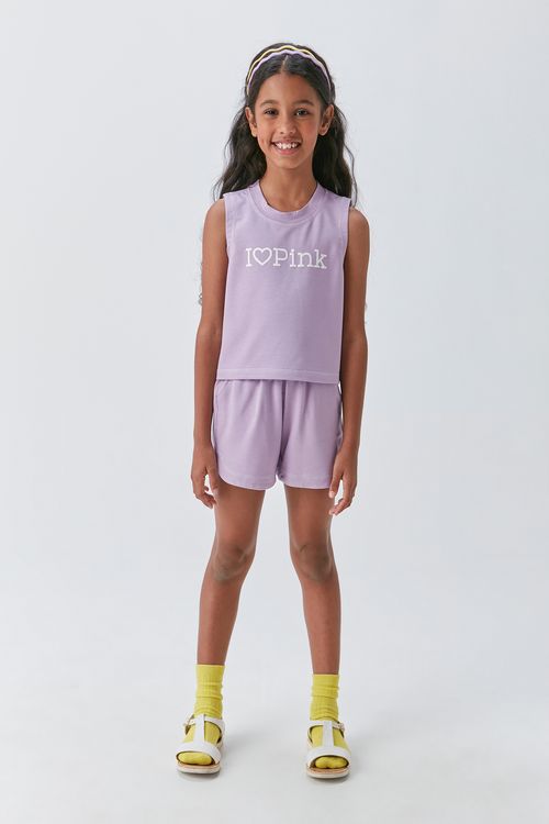 Conjunto Infantil para Menina de Moletinho Blusa Cavada com Silk Puff e Short Arredondado