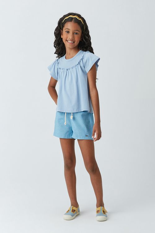 Short Infantil para Menina de Linho com Amarração de Cordão para Laço
