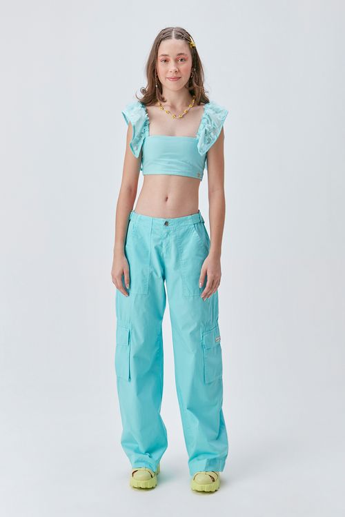 Calça Teen Wide Leg Cintura Baixa de Sarja com Bolso Cargo