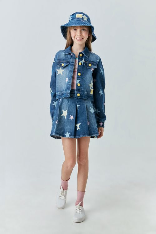 Jaqueta Infantil para Menina Jeans com Estampa de Estrelas