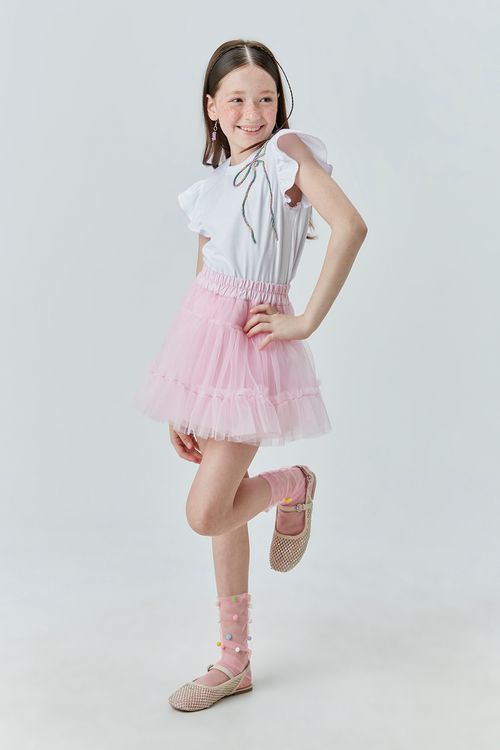 Conjunto Infantil para Menina com Blusa de Malha com Laço de Strass e Saia-Short de Tule