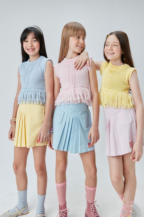 Saia-Short Infantil de Sarja Tinturada com Pregas para Menina