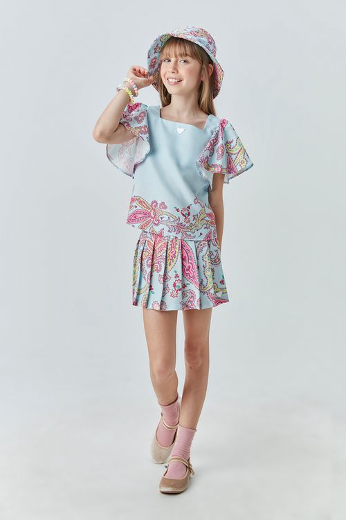 Conjunto Infantil para Menina com Bata e Saia-short Estampado