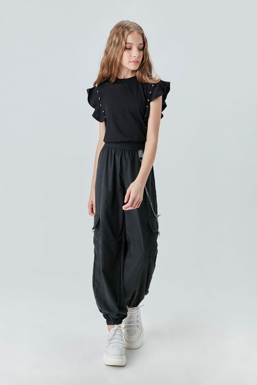 Calça Cargo Teen Cintura Baixa em Nylon