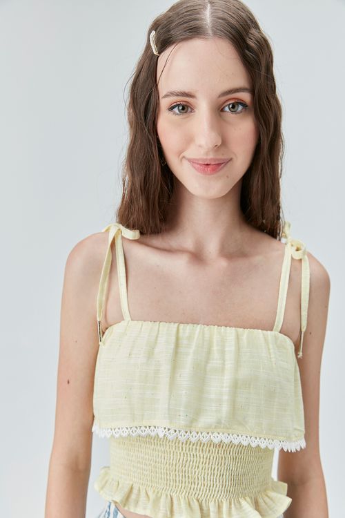 Blusa Cropped em Tricoline Detalhes em Lastex