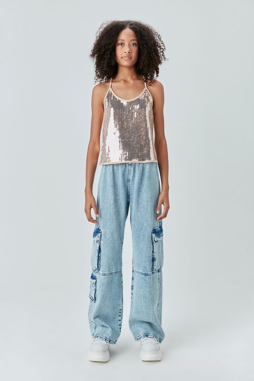 Calça Teen Wide Leg Cargo Jeans