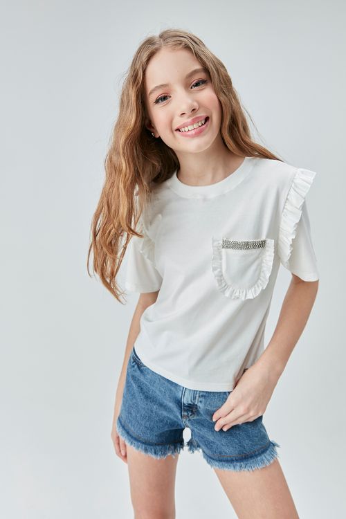 Camiseta Teen Bolso e Babado na manga