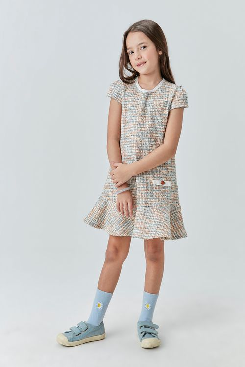Vestido em Tweed para Menina com Detalhes em Lapela