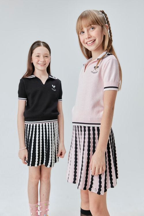 Conjunto Infantil para Menina com Blusa e Saia-Short de Tricô Bicolor