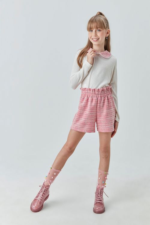 Conjunto Infantil para Menina com Blusa de Malha Tricô e Short de Malha Tweed