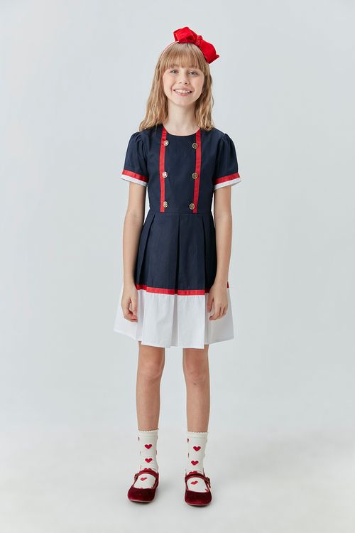 Vestido Infantil Rodado de Tricoline Bicolor Estilo Navy