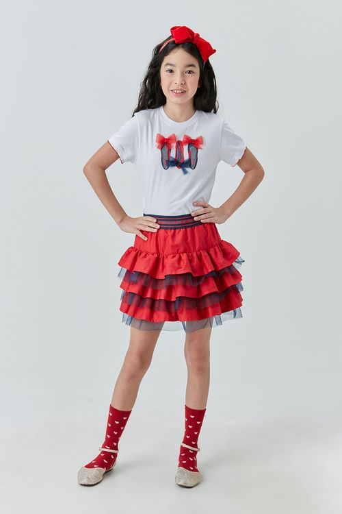Conjunto Infantil com Camiseta de Malha e Saia-Short com Babados de Tricoline para Menina