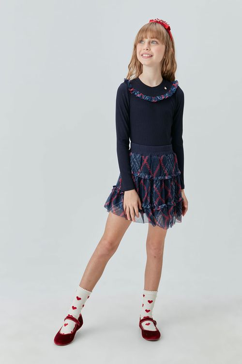 Conjunto Infantil Blusa de Malha Canelada e Saia Short de Tule Estampado