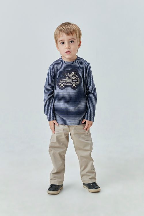 Conjunto Infantil com Camiseta de Cotton Listrado com Aplique Fofinho e Calça de Sarja