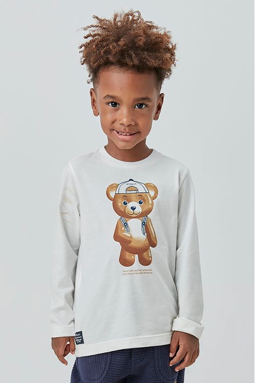 Conjunto Infantil com Camiseta de Malha 100% Algodão com Estampa Ursinho e /calça de Malha Canelada