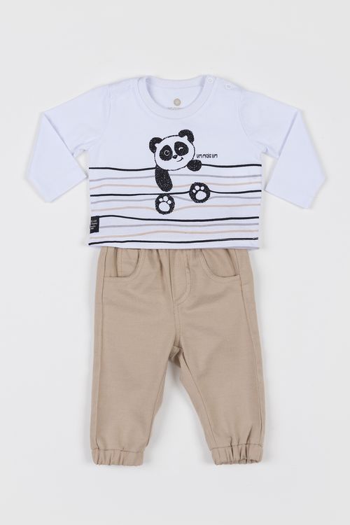 Conjunto Bebê com Camiseta Body com Estampa de Panda e Calça de Sarja Flanelada
