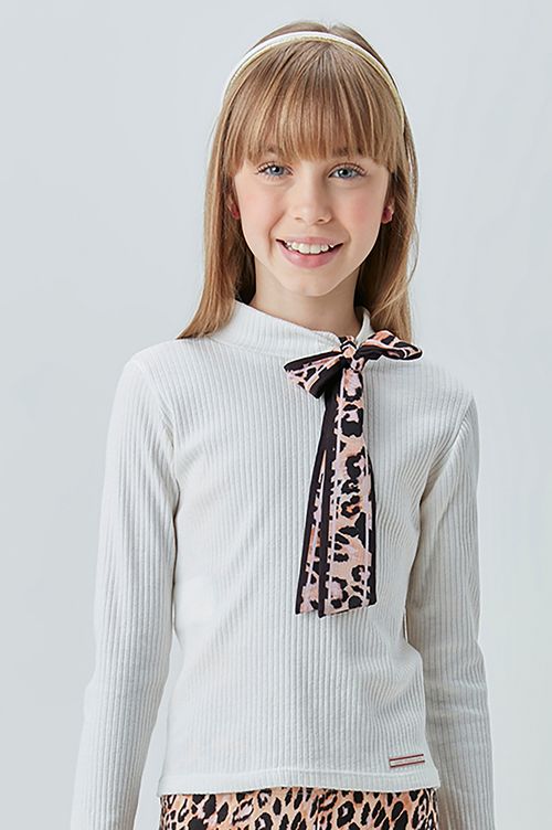 Blusa Infantil para Menina de Malha Canelada Aveludada com Laço Estampado Oncinha