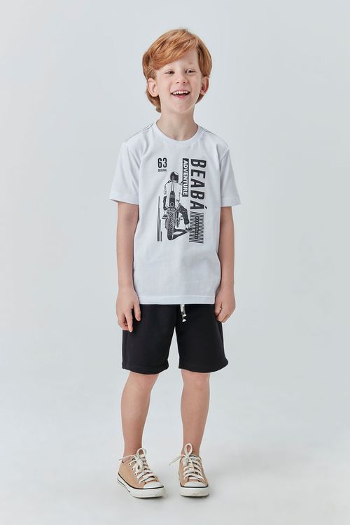 Conjunto para Menino Camiseta de Malha com Estampa e Bermuda Básica de Moletom