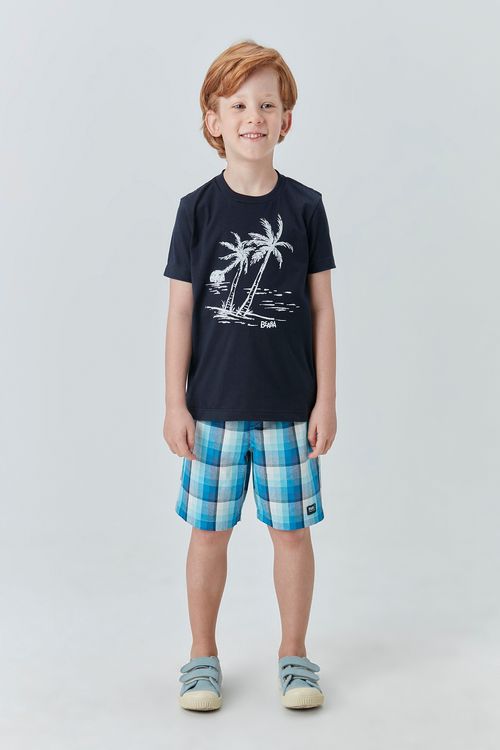 Conjunto Infantil Camiseta de Malha 100% Algodão com Silk Tropical e Bermuda de Sarja Xadrez