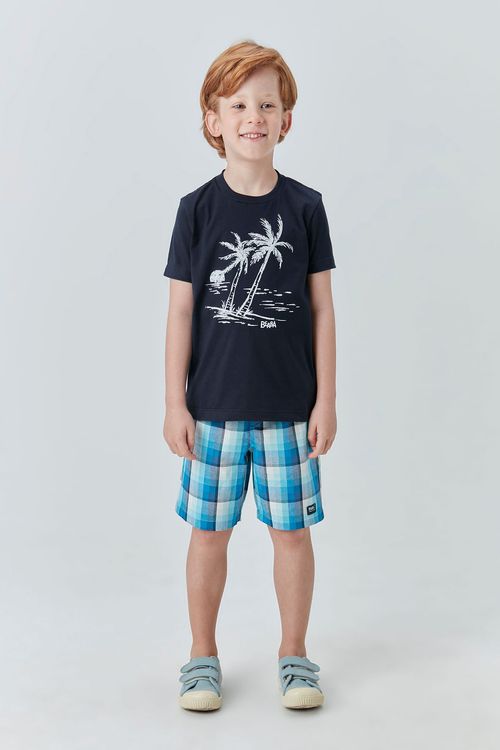 Conjunto Infantil Camiseta de Malha 100% Algodão com Silk Tropical e Bermuda de Sarja Xadrez