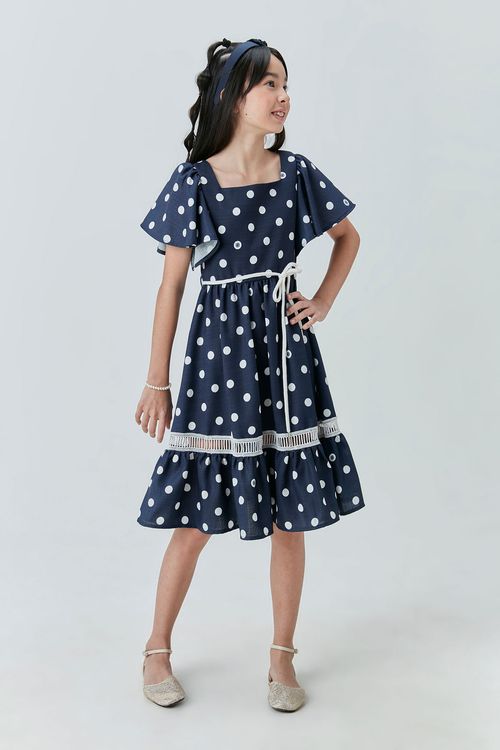 Vestido Midi Infantil de Tricoline com Estampa de Bolinhas