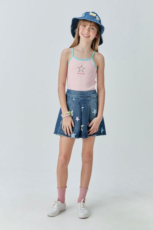 Saia Infantil Menina Jeans com Estampa de Estrelas