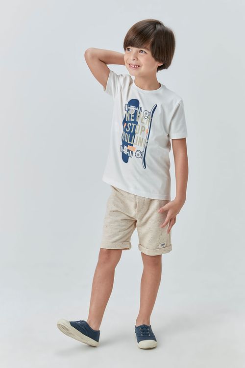 Conjunto Infantil com Camiseta de Malha de Algodão com Silk e Bermuda de Moletom Listrado