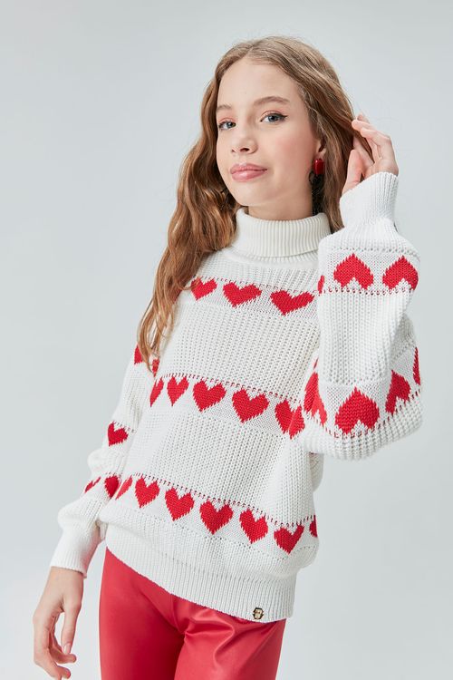 Blusa Teen Manga Longa Coração em Tricô