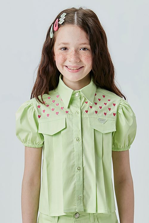 Camisa Infantil para Menina de Tricoline com Pregas e Bordado