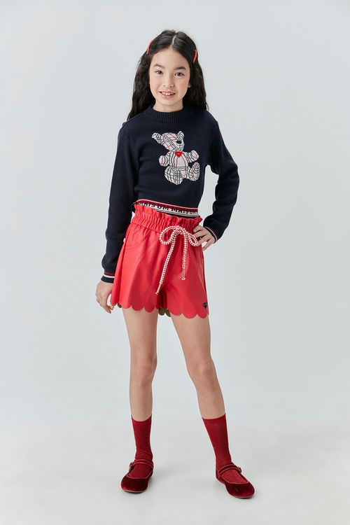 Blusa Infantil para Menina de Tricô com Estampa de Urso