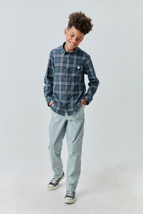 Camisa Social Infantil para Menino Xadrez Fio Tinto com Etiqueta Termocolante Personalizada