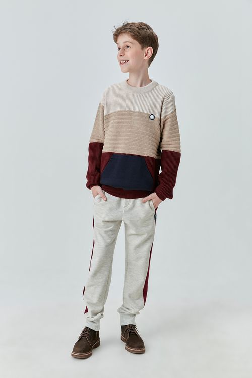 Blusa Infantil de Tricô com Faixas Coloridas e Pontos Diferenciados
