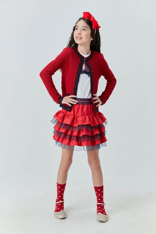 Cardigan Infantil de Tricô Bicolor com Bolsos para Menina