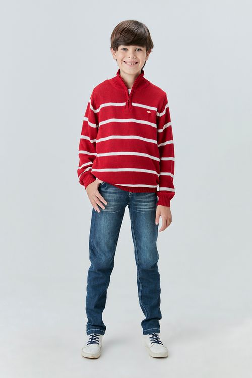 Blusa Básica Infantil Gola Alta e Zíper de Tricô com Listras