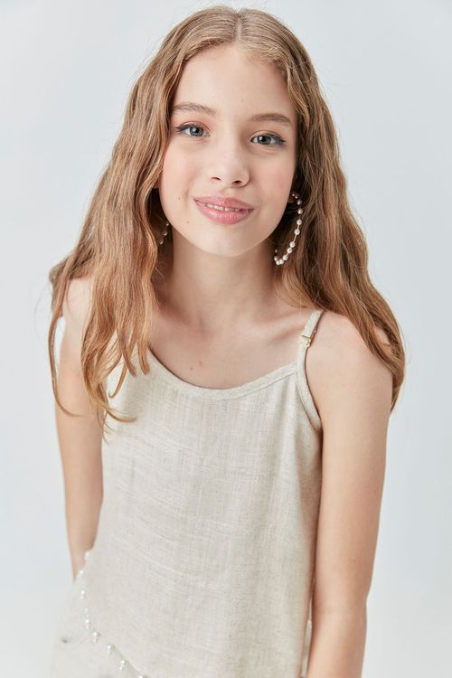 Blusa Cropped Teen Perolas em Linho