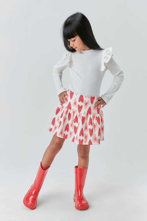 Conjunto Blusa Canelada com Babado nas Mangas e Saia Estampada