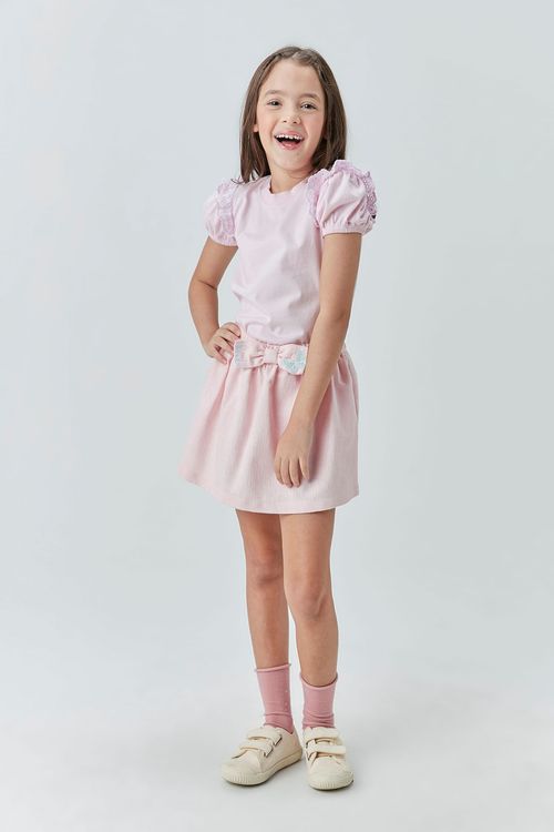 Conjunto Infantil Blusa com Bordade Inglês e Saia Evasê com Laço