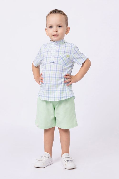 Conjunto bata de tricoline xadrez fio tinto e bermuda social de linho para bebê menino