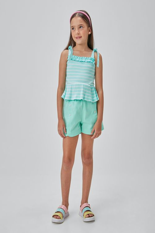 CONJUNTO BLUSA PEPLUM EM MALHA CANELADA LISTRADA E SHORT EM SARJA COM LYCRA