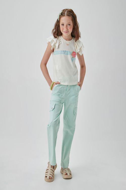 CAMISETA EM MALHA COM BABADOS E ESTAMPA E CRISTAIS