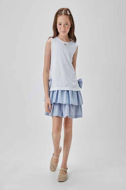 VESTIDO JUMPER EM PIQUET C/ BABADOS EM TRICOLINE LISTRADA