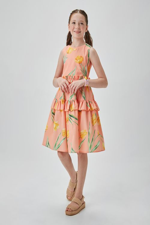 VESTIDO MIDI EM TRICOLINE ESTAMPA TULIPAS C/BABADOS