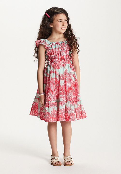 VESTIDO MIDI EM TRICOLINE ESTAMPADA C/ BABADOS