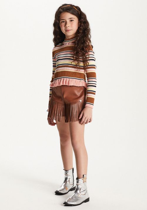 BLUSA EM TRICOT LISTRADO MANGA LONGA C/ BABADO