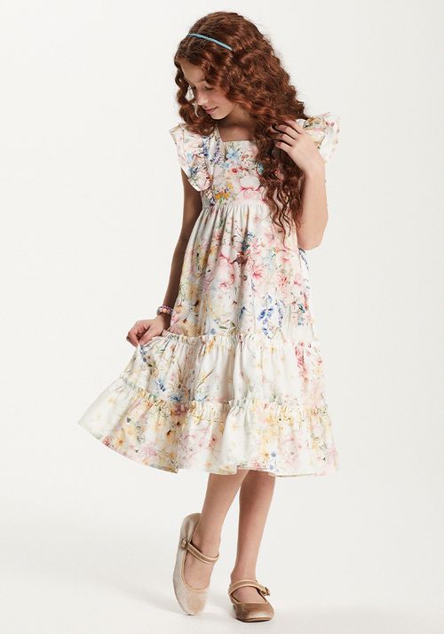 VESTIDO MIDI EM TRICOLINE ESTAMPADAC/ BABADOS