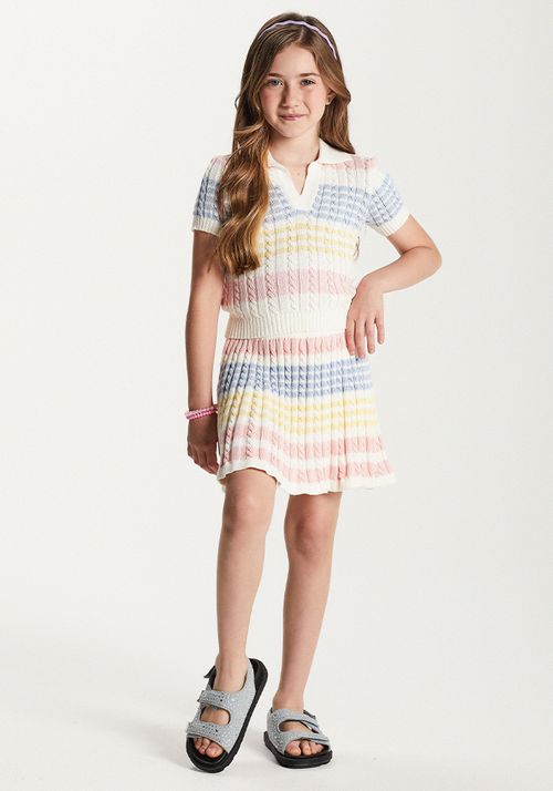 CONJUNTO BLUSA POLO E SAIA SHORT EM TRICOT COLORIDO