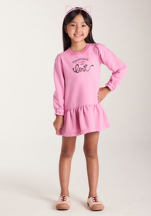 VESTIDO MANGA LONGA EM MOLETOM SEM FELPA DE ALGODÃO COM DETALHE DE SILK FRENTE TOQUE ZERO